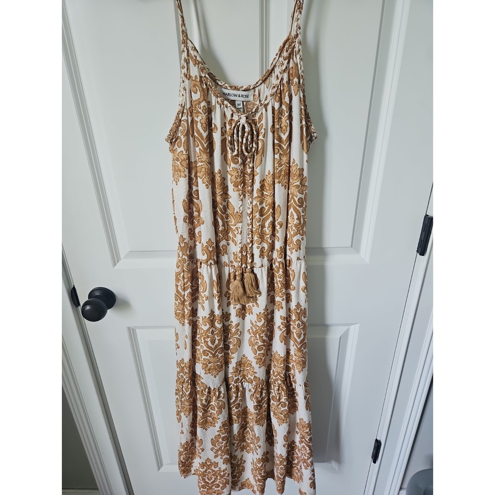 Harlow‎ & Rose Womens Tan Cream Damask Print Tassel Braided Maxi Dress Medium